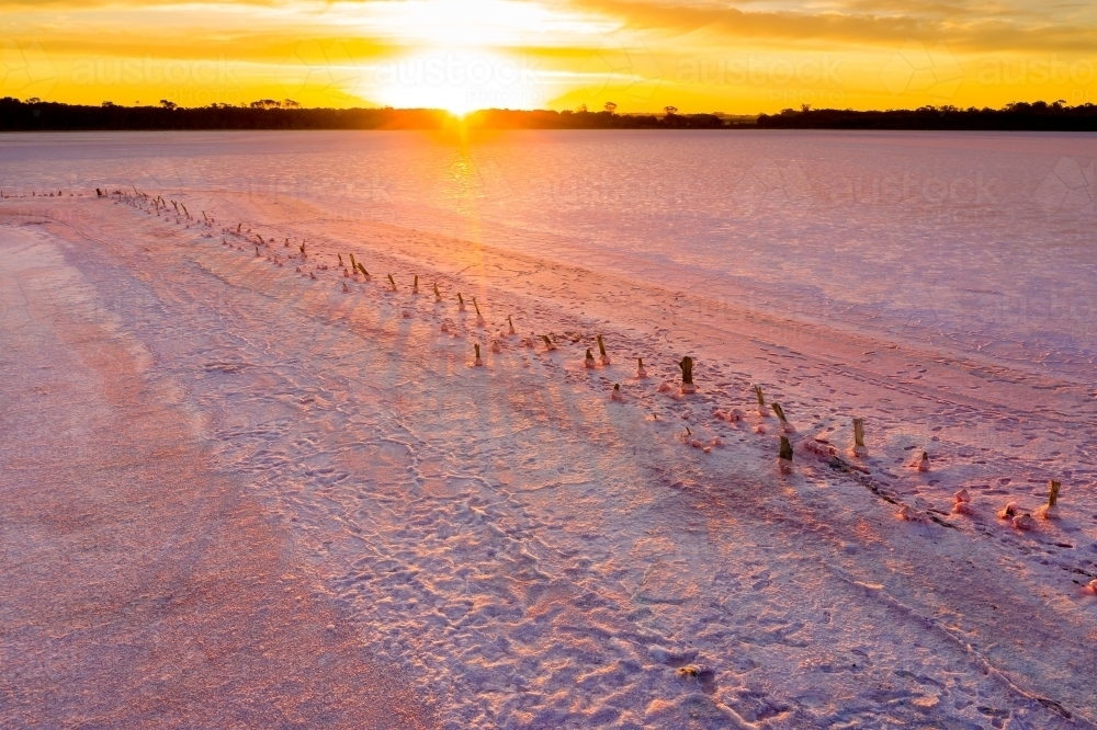 Aerial view of fence line detail through a pink salt Lake at sunset - Australian Stock Image