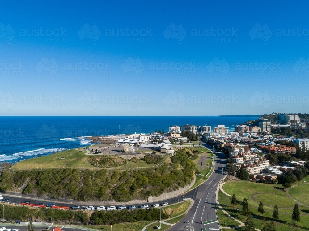 Aerial view of Fort Scratchley and blue ocean on sunlit day in Newcastle - Australian Stock Image