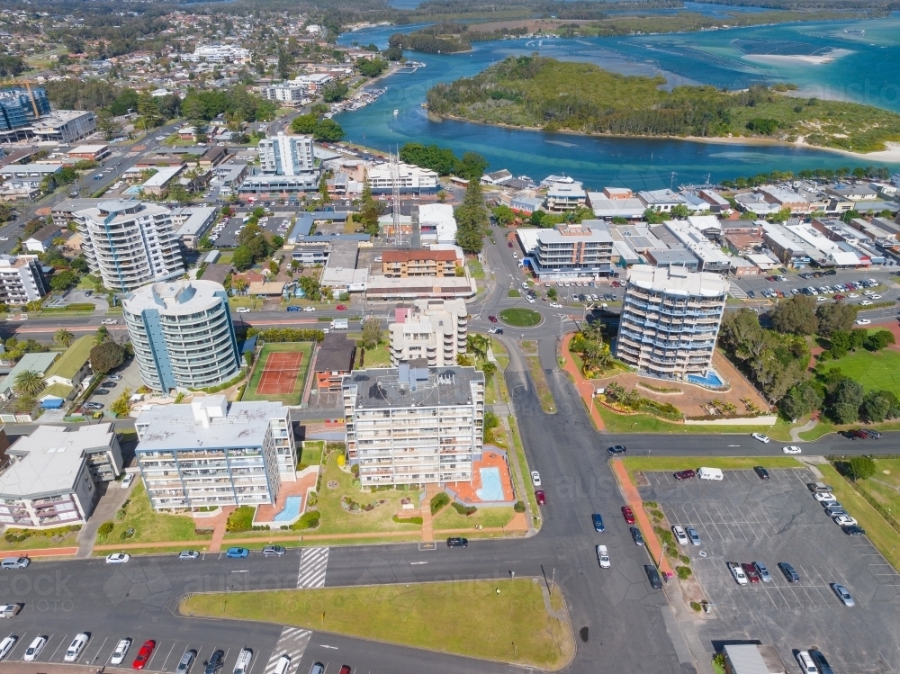 Aerial view of high rise waterfront buildings along side a river - Australian Stock Image