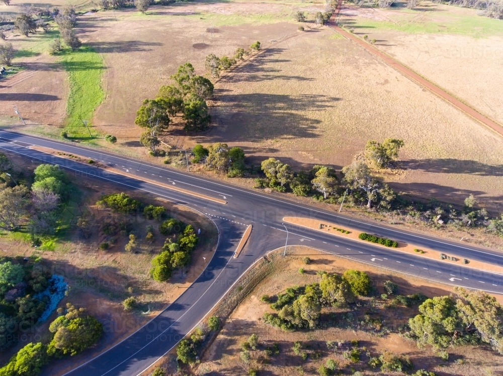 aerial view of intersection on country highway - Australian Stock Image