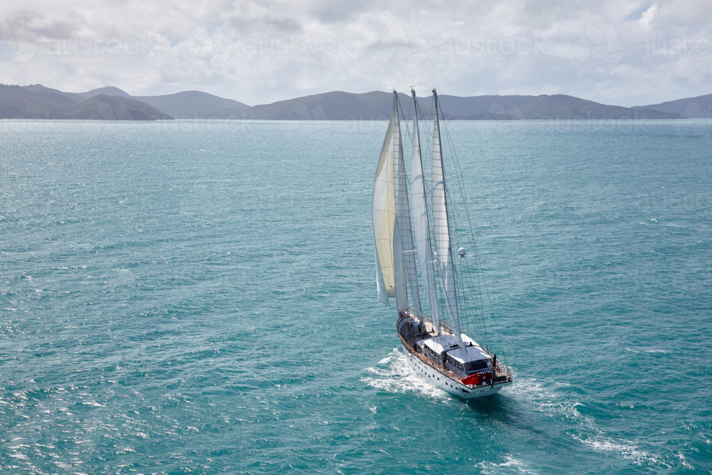 Aerial view of large sailing yacht. - Australian Stock Image