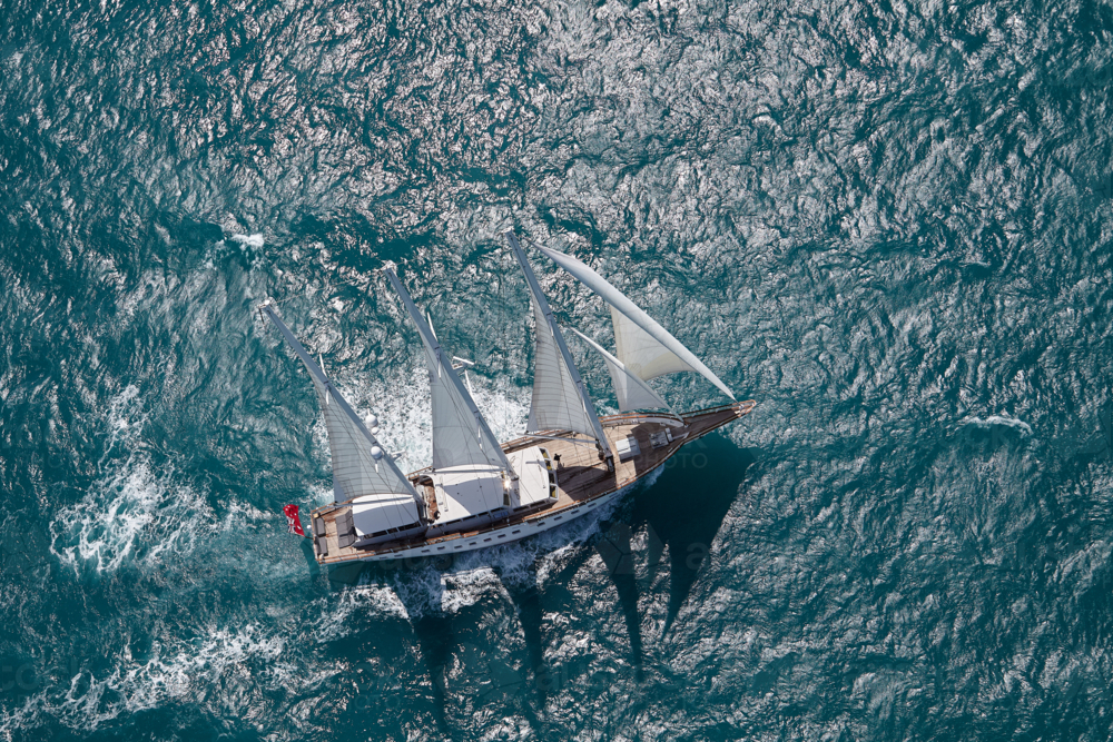 Aerial view of large sailing yacht. - Australian Stock Image