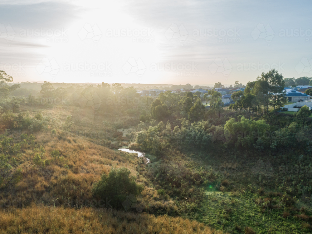 Aerial view of morning light over bushland at the edge of a suburb with creek through paddock - Australian Stock Image