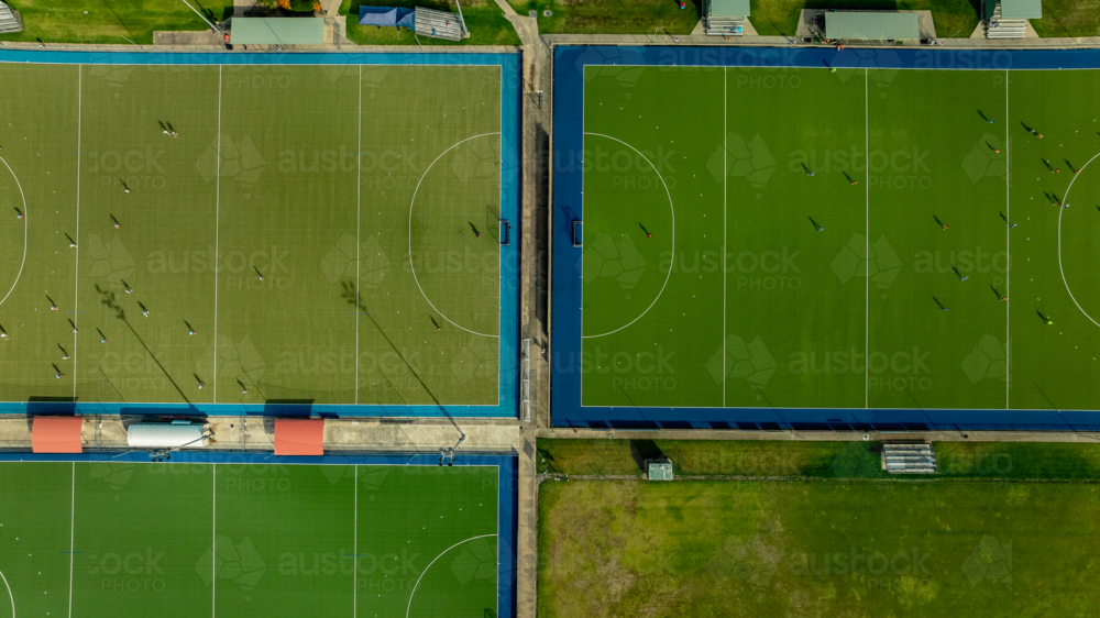 Aerial View of Multi-Field Hockey Complex on a Sunny Day - Australian Stock Image
