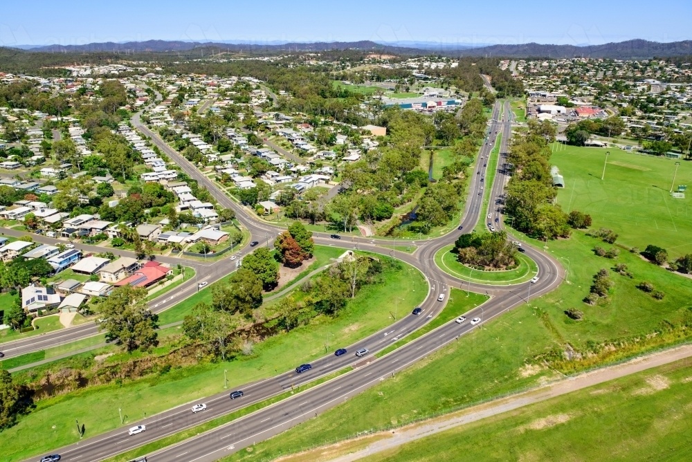 Aerial view of New Auckland from Dawson Highway roundabout - Australian Stock Image