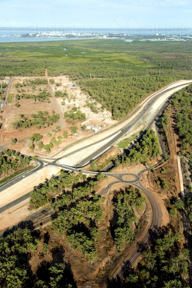 Aerial view of new roads surrounded by bushland - Australian Stock Image