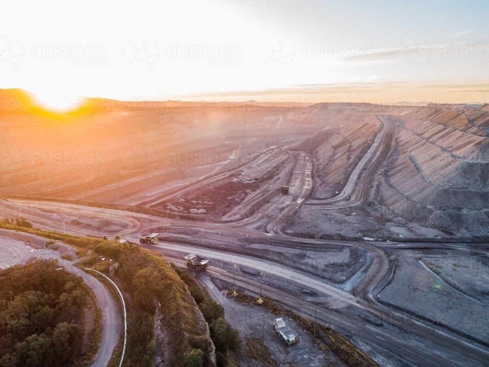 aerial view of open cut coal mine at dusk in Hunter Valley - Australian Stock Image