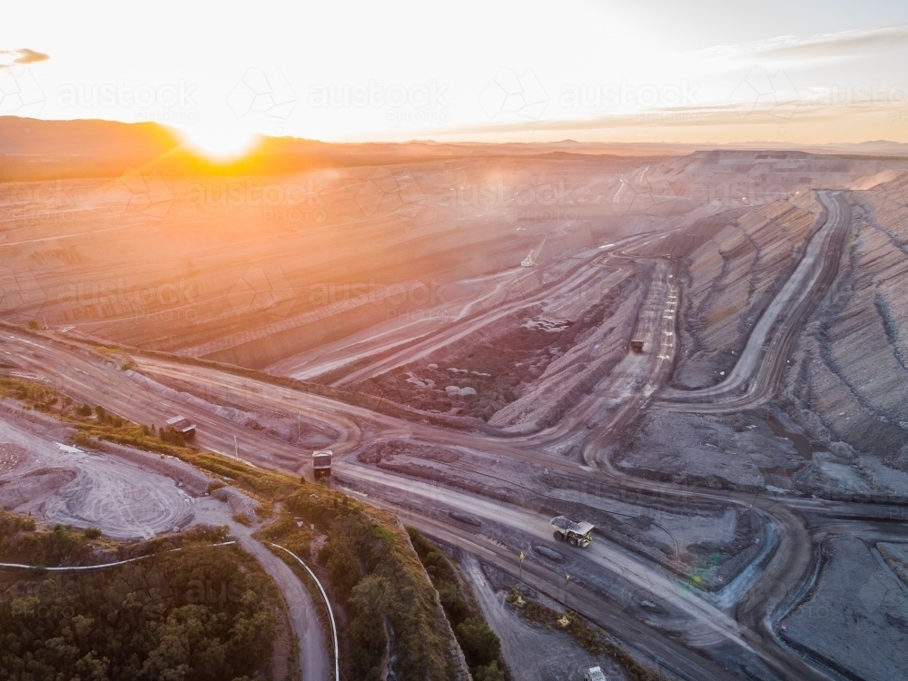 aerial view of open cut coal mine at dusk in Hunter Valley - Australian Stock Image