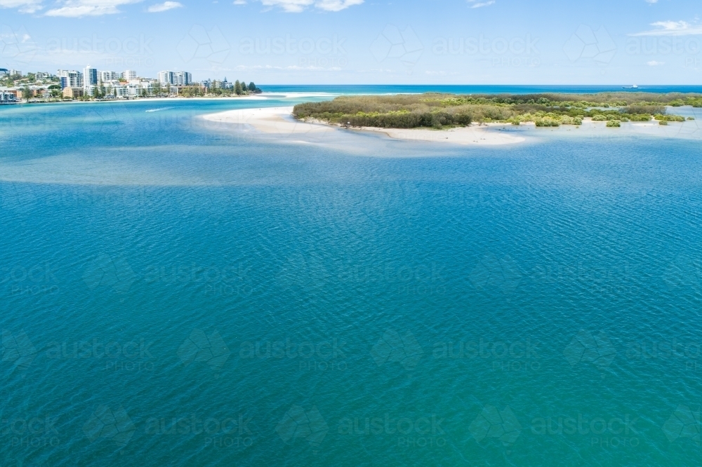 Aerial view of Pumicestone Passage between Caloundra and Bribie Island, Queensland. - Australian Stock Image