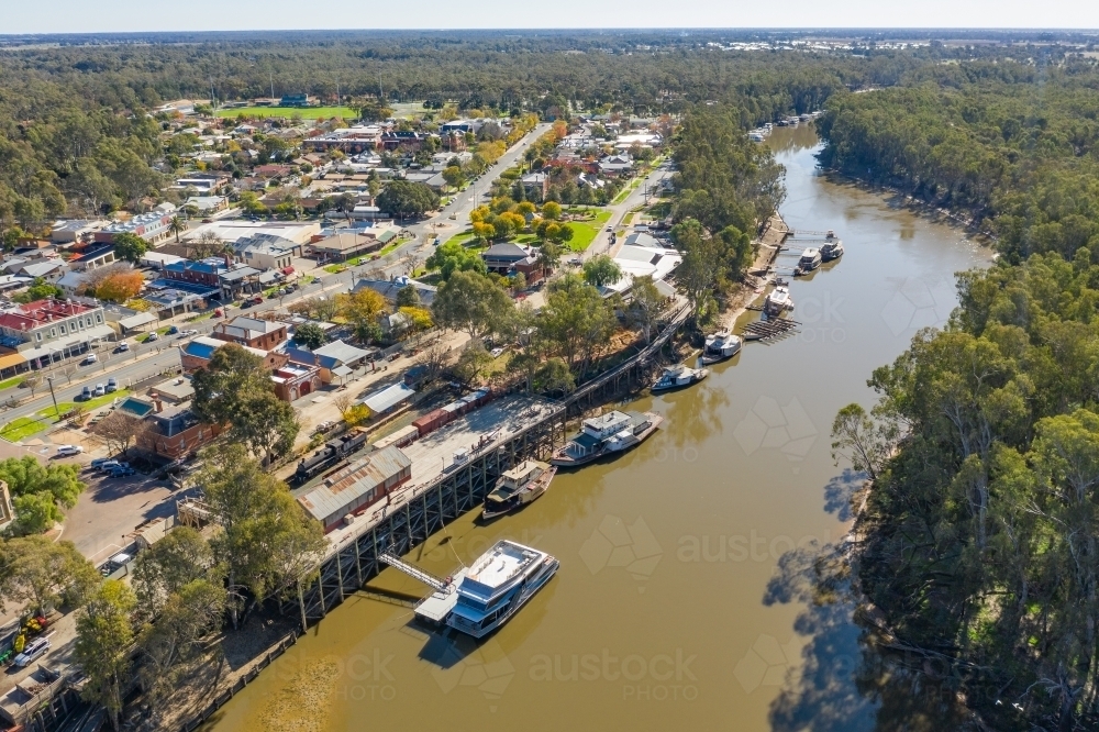 Aerial view of river boats next to the port of of a regional town - Australian Stock Image