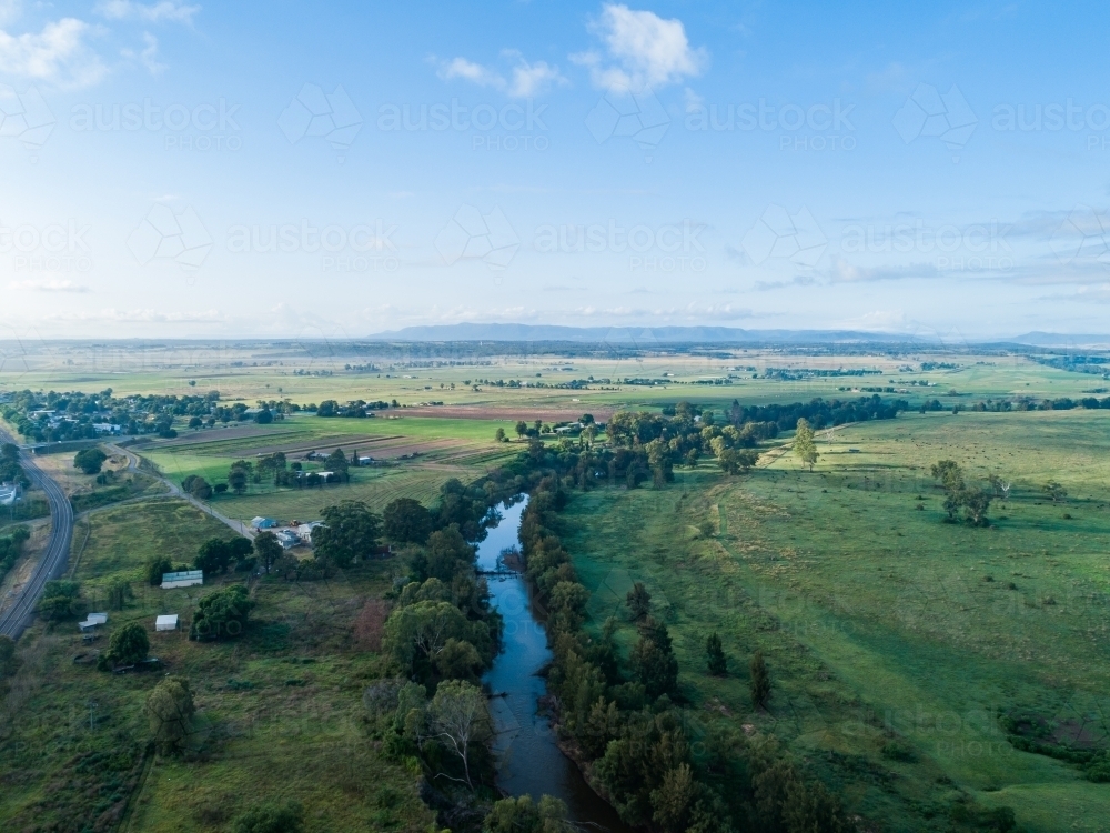 Aerial View of River winding through green countryside in Hunter Valley - Australian Stock Image