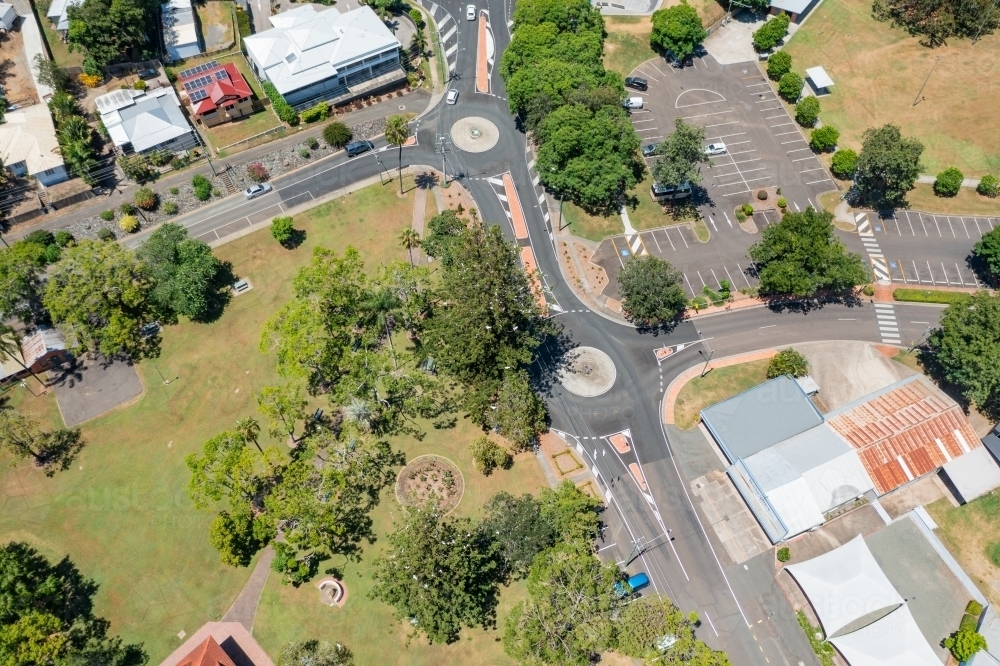 Aerial view of roads and roundabouts around a park in a regional town - Australian Stock Image