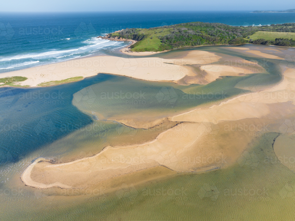 Aerial view of sand bars and islands in a freshwater lake - Australian Stock Image