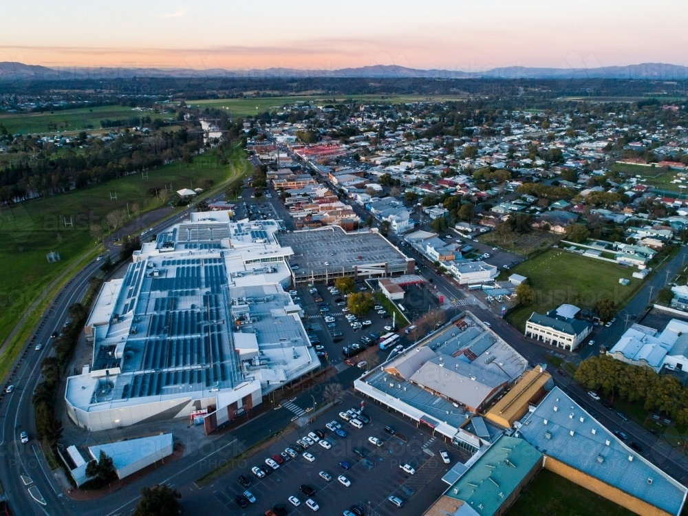 Aerial view of shopping centre and carparks in town of Singleton - Australian Stock Image