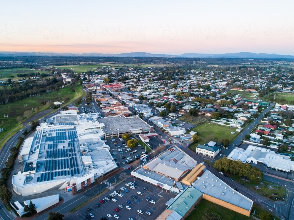 Aerial view of shopping centre and carparks in town of Singleton - Australian Stock Image