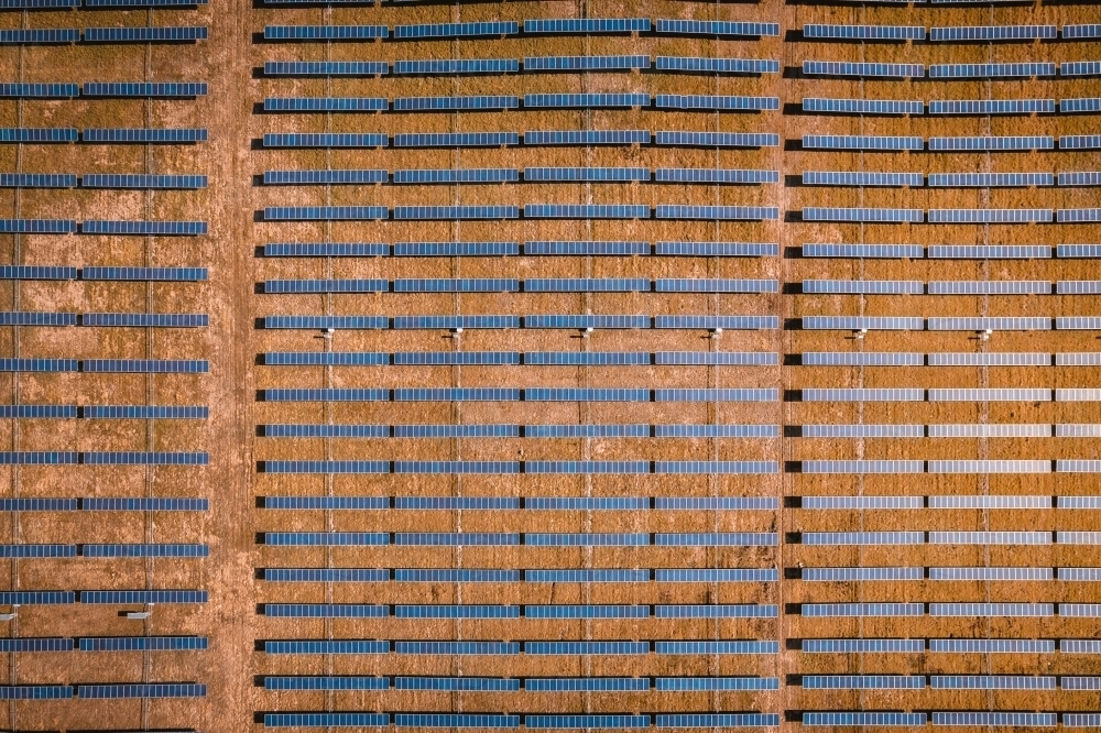 Aerial view of solar farm panels for renewable energy. - Australian Stock Image
