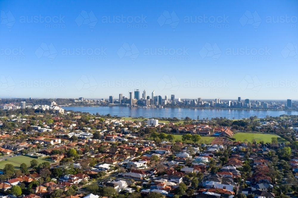 Aerial view of South Perth, Swan River and Perth City Skyling - Australian Stock Image