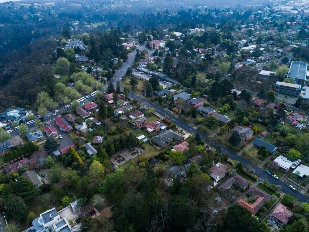 Aerial view of streets and houses in Katoomba in Blue Mountains - Australian Stock Image