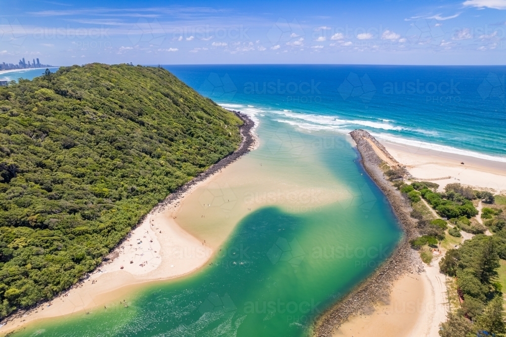 Aerial view of Tallebudgera Creek green and blue in the Gold Coast, - Australian Stock Image