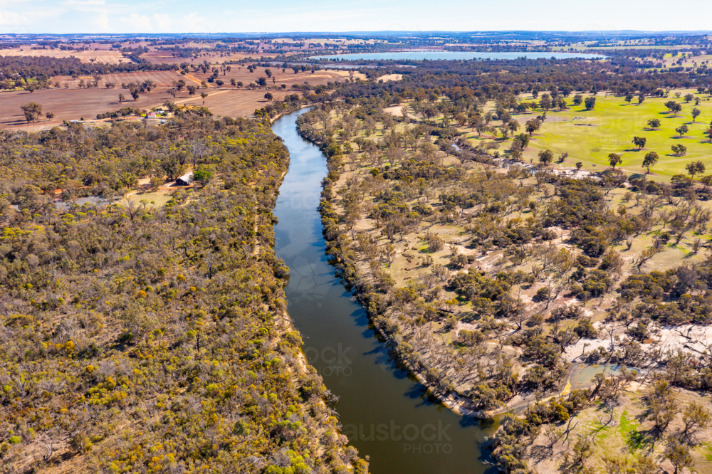 aerial view of the Arthur River near Moodiarrup with Lake Towerrinning in background - Australian Stock Image