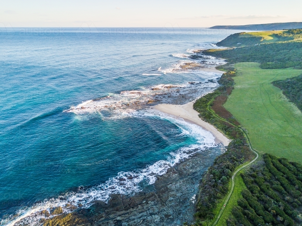 Aerial view of the bays and walking track along the Great Ocean Road at Marengo - Australian Stock Image