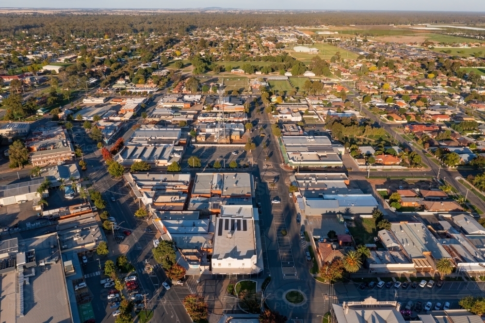 Aerial view of the central business district of a regional town - Australian Stock Image