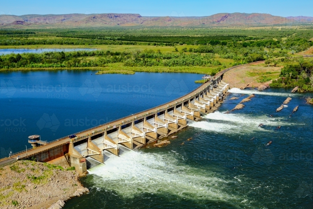 Aerial view of the Ord River Diversion Dam in the Kimberley. - Australian Stock Image
