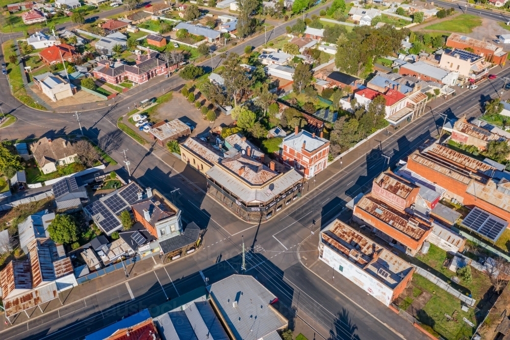 Aerial view of the streetscape of a country town with historic buildings - Australian Stock Image