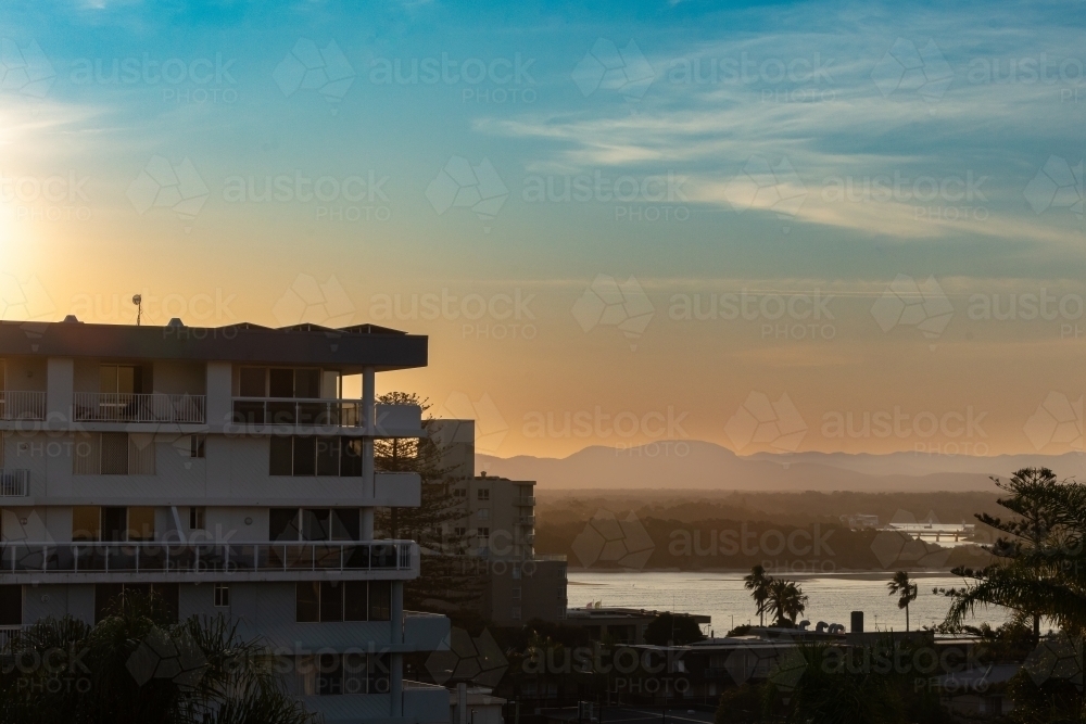 Image of Aerial view of tranquil sunset over Port Macquarie - Austockphoto