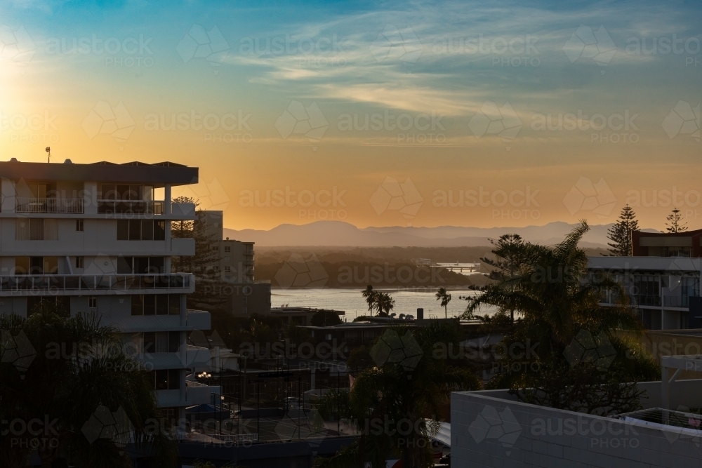 Image of Aerial view of tranquil sunset over Port Macquarie - Austockphoto