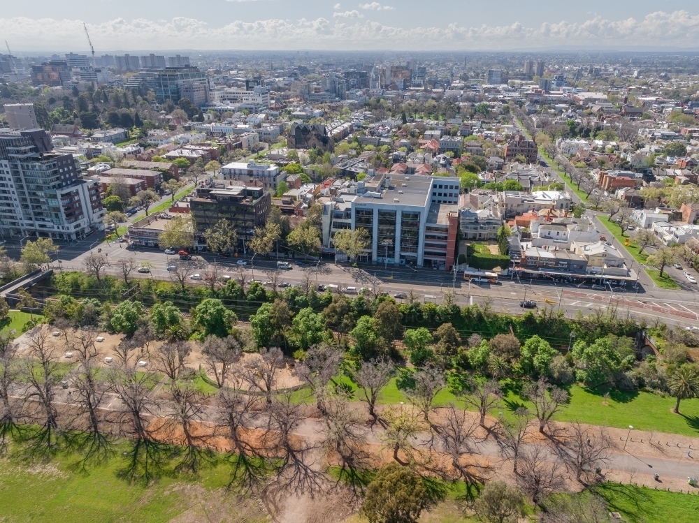 Aerial view of walking paths through trees of an inn city park with city buildings in the background - Australian Stock Image