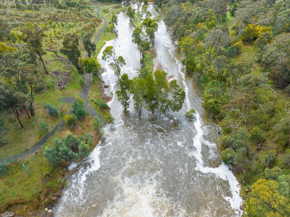 Aerial view of water rushing around trees in swollen river - Australian Stock Image