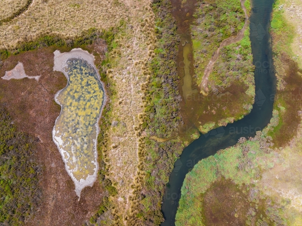 Aerial view of wetlands with colourful vegetation and a creek - Australian Stock Image