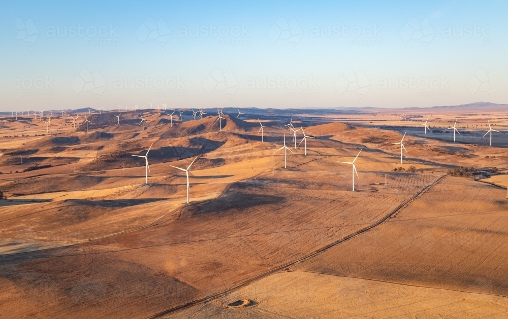 aerial view of windfarm in summer landscape - Australian Stock Image