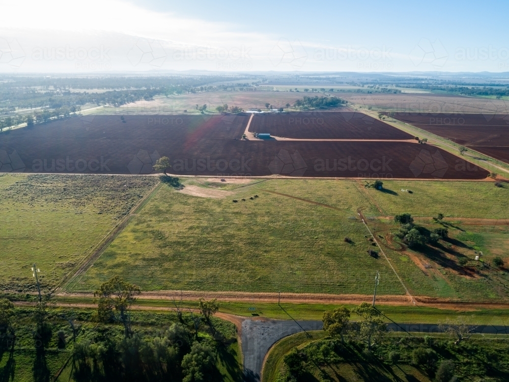 Aerial view over countryside of tilled farmland in Narromine - Australian Stock Image