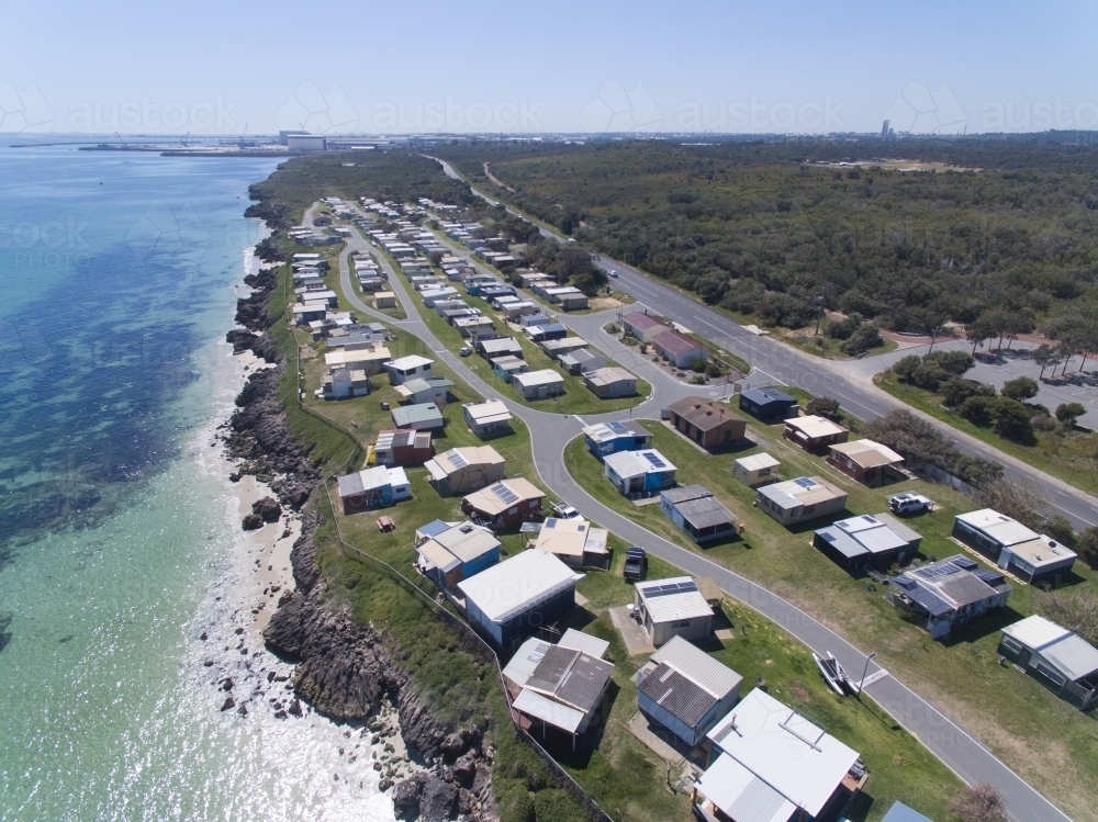 Aerial view over Naval Base shacks and challenger beach - Australian Stock Image