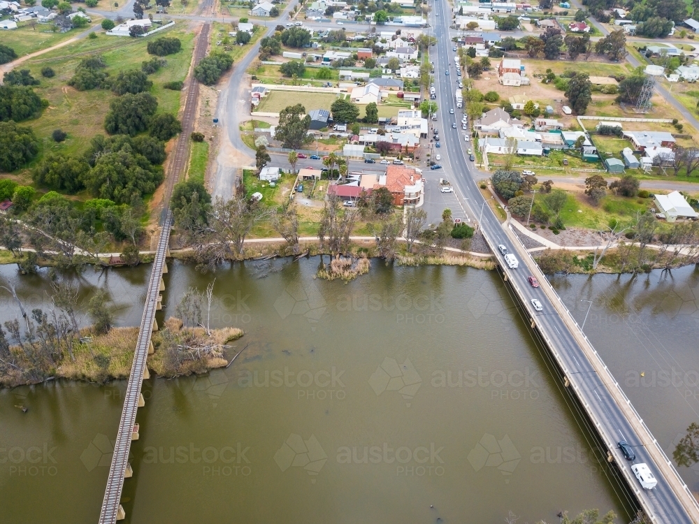 Aerial view over the Loddon River and town of Bridgewater - Australian Stock Image