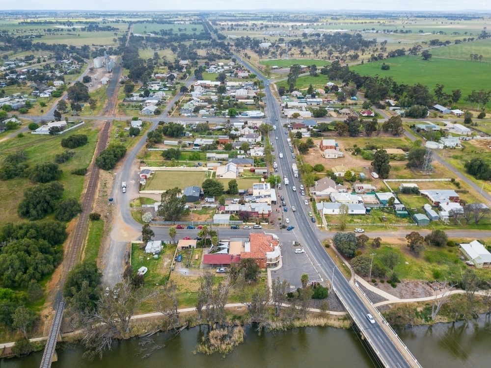 Aerial view over the Loddon River and town of Bridgewater - Australian Stock Image