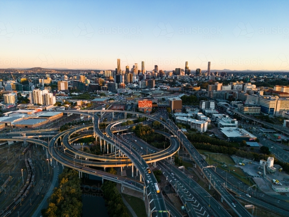 Aerial views of the Inner City Bypass and city of Brisbane - Australian Stock Image