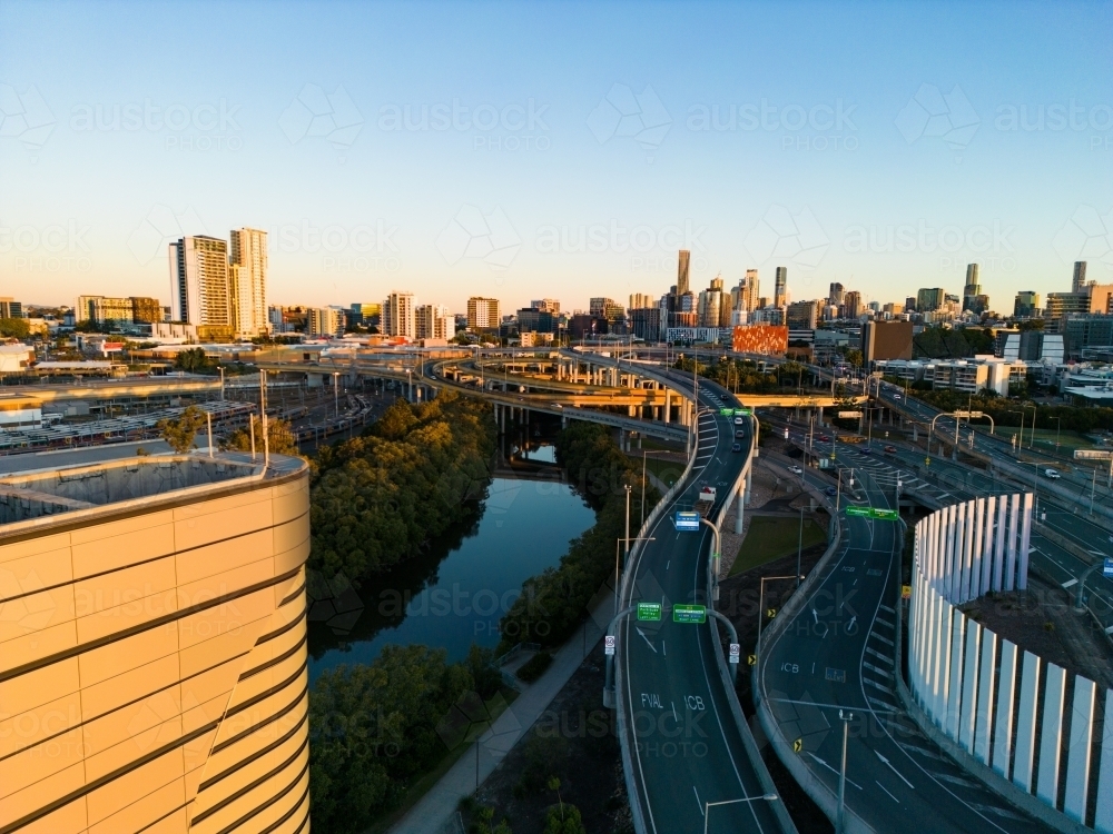 Aerial views of the Inner City Bypass and city of Brisbane - Australian Stock Image