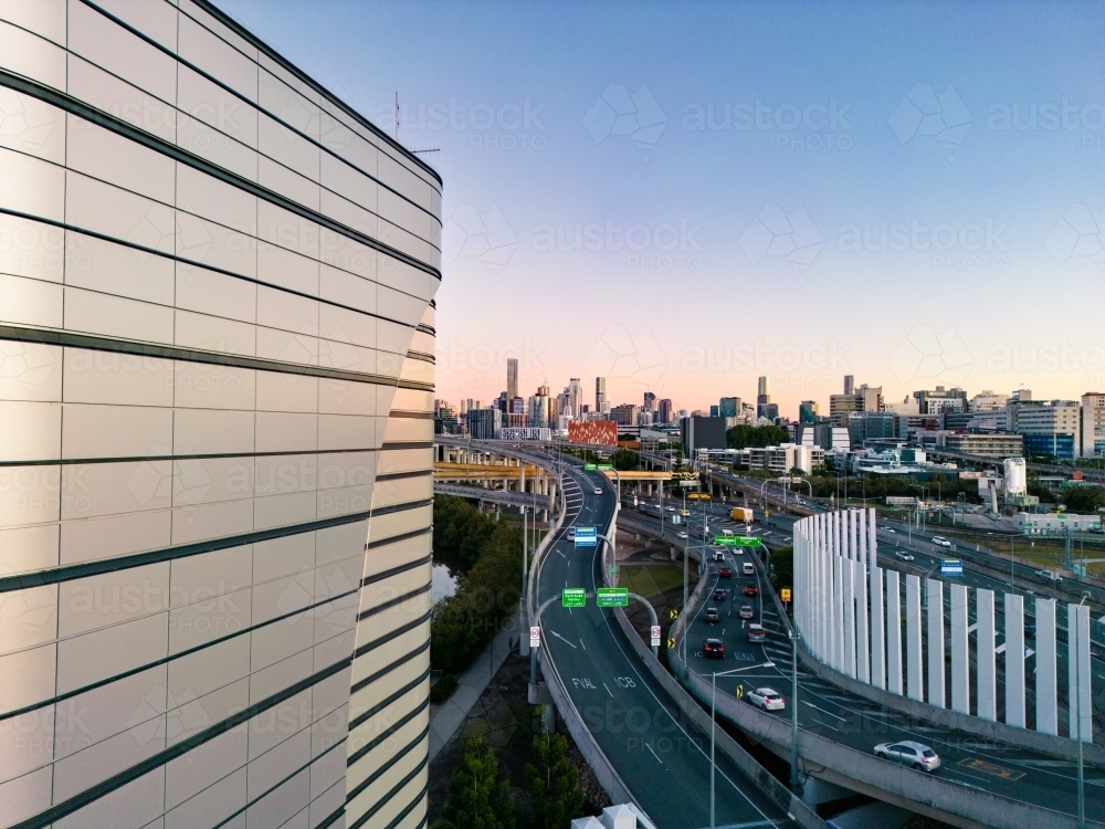 Aerial views of the Inner City Bypass and city of Brisbane - Australian Stock Image