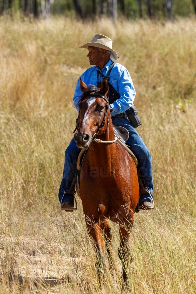 An 80 year old indigenous cattleman on horseback. - Australian Stock Image