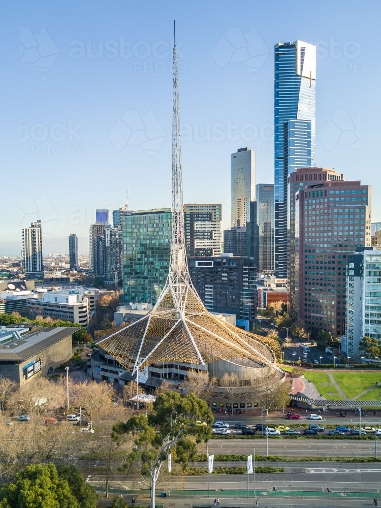 An aerial view of Melbourne skyscrapers looking West - Australian Stock Image