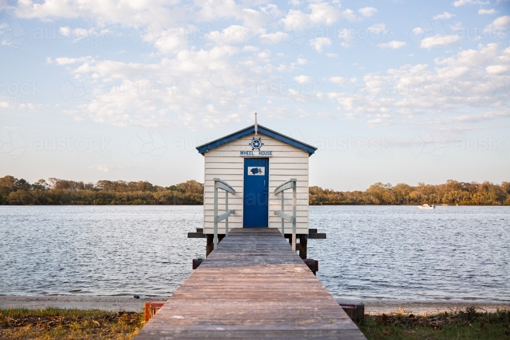 an old boat house on a river on the Sunshine Coast - Australian Stock Image