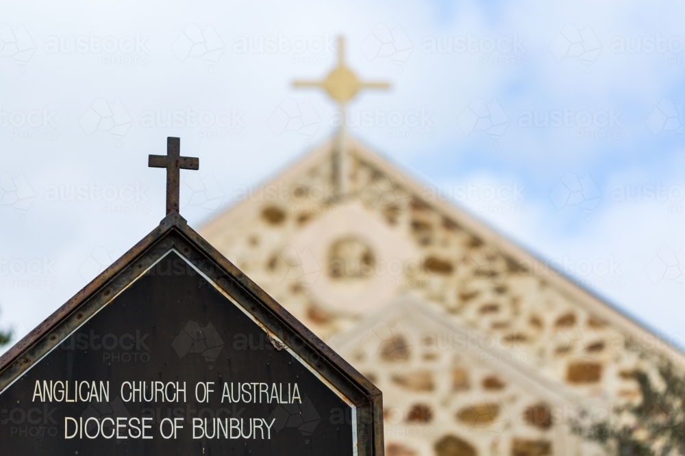 Anglican church with cross and sign - Australian Stock Image