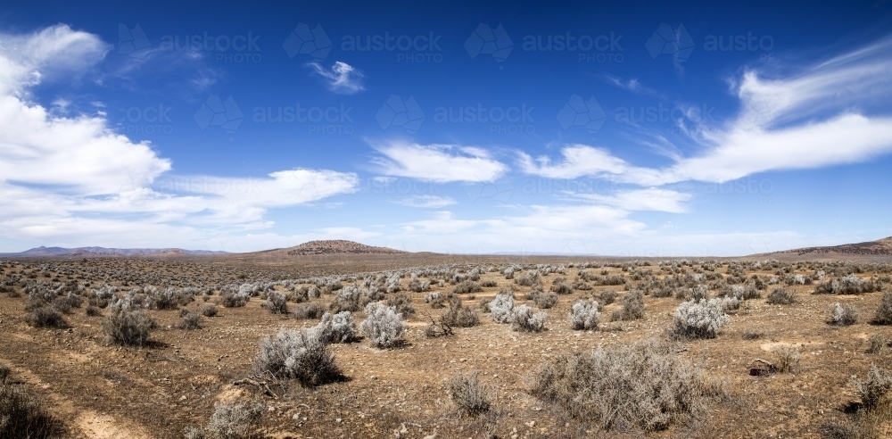 Arid landscape under streaky clouds - Australian Stock Image