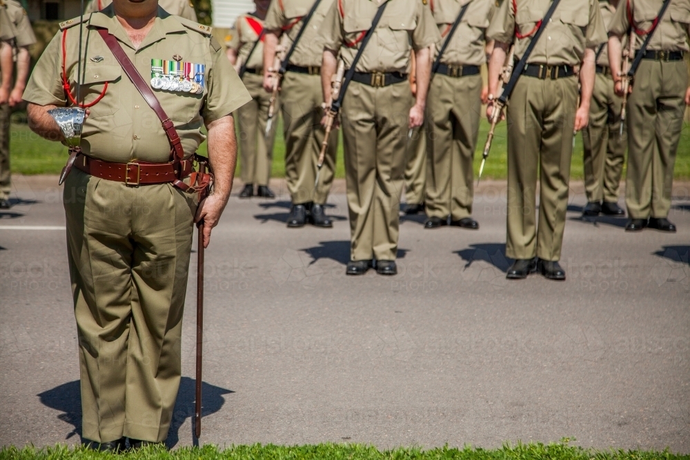 Army soldiers standing in ranks during the freedom of entry ceremony - Australian Stock Image