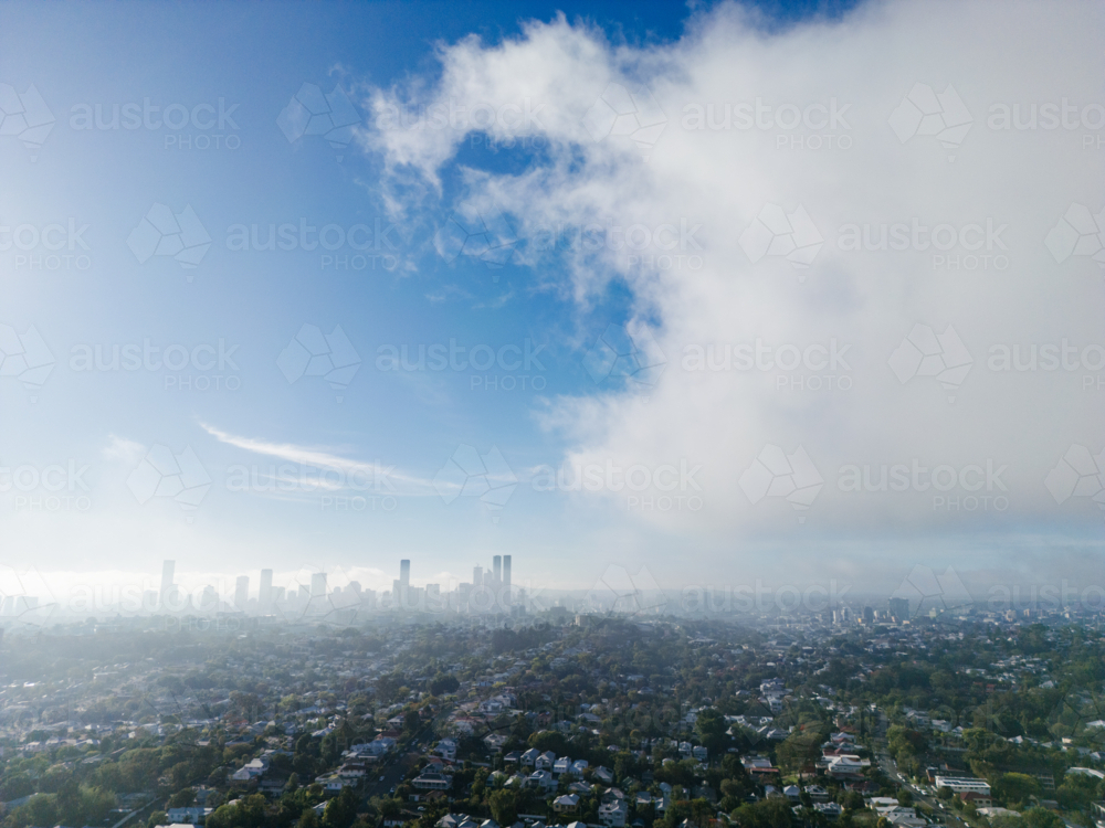 Atmospheric aerial view of the Brisbane city from the northern suburb of Ashgrove - Australian Stock Image