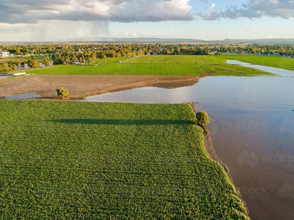 Aussie Farmland covered in water during flood with more rain coming - Australian Stock Image