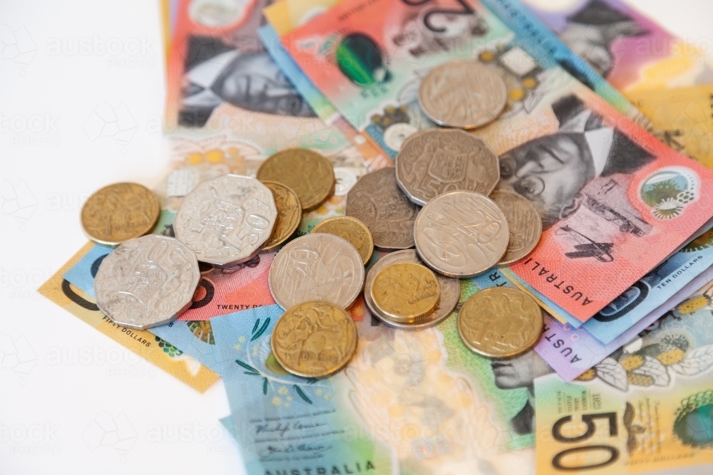 Australian currency, notes and coins, pay in cash - Australian Stock Image